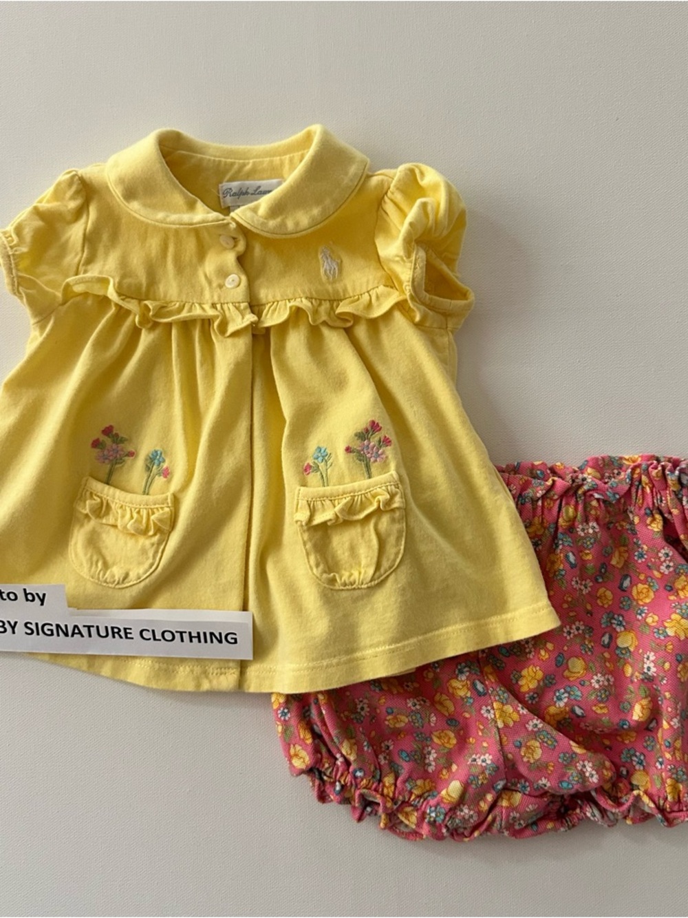 Ralph Lauren 9 Months Baby Girl Yellow Top Pink Floral Bloomers Set Outfit